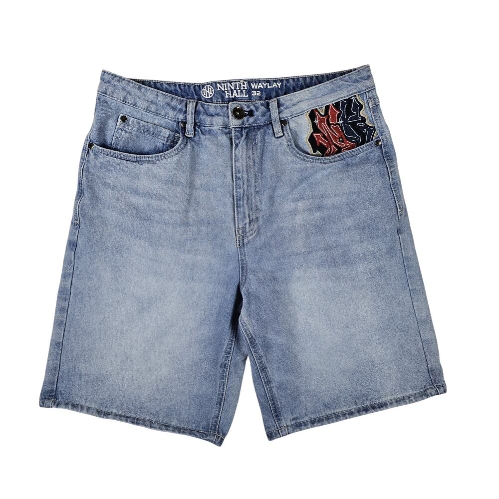 Ninth Hall Waylay Denim Shorts Men’s 32 Light Wash Embroidered Panther Skull Y2K - Picture 2 of 14